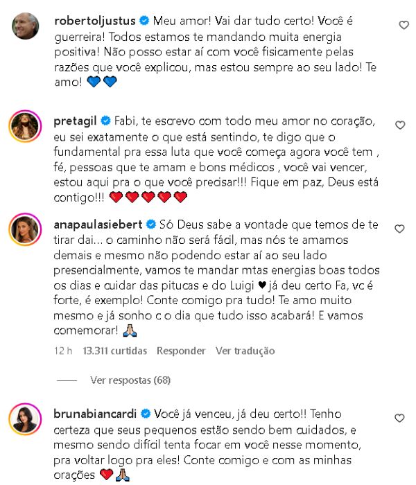 Fabiana Justus recebe comentário de apoio