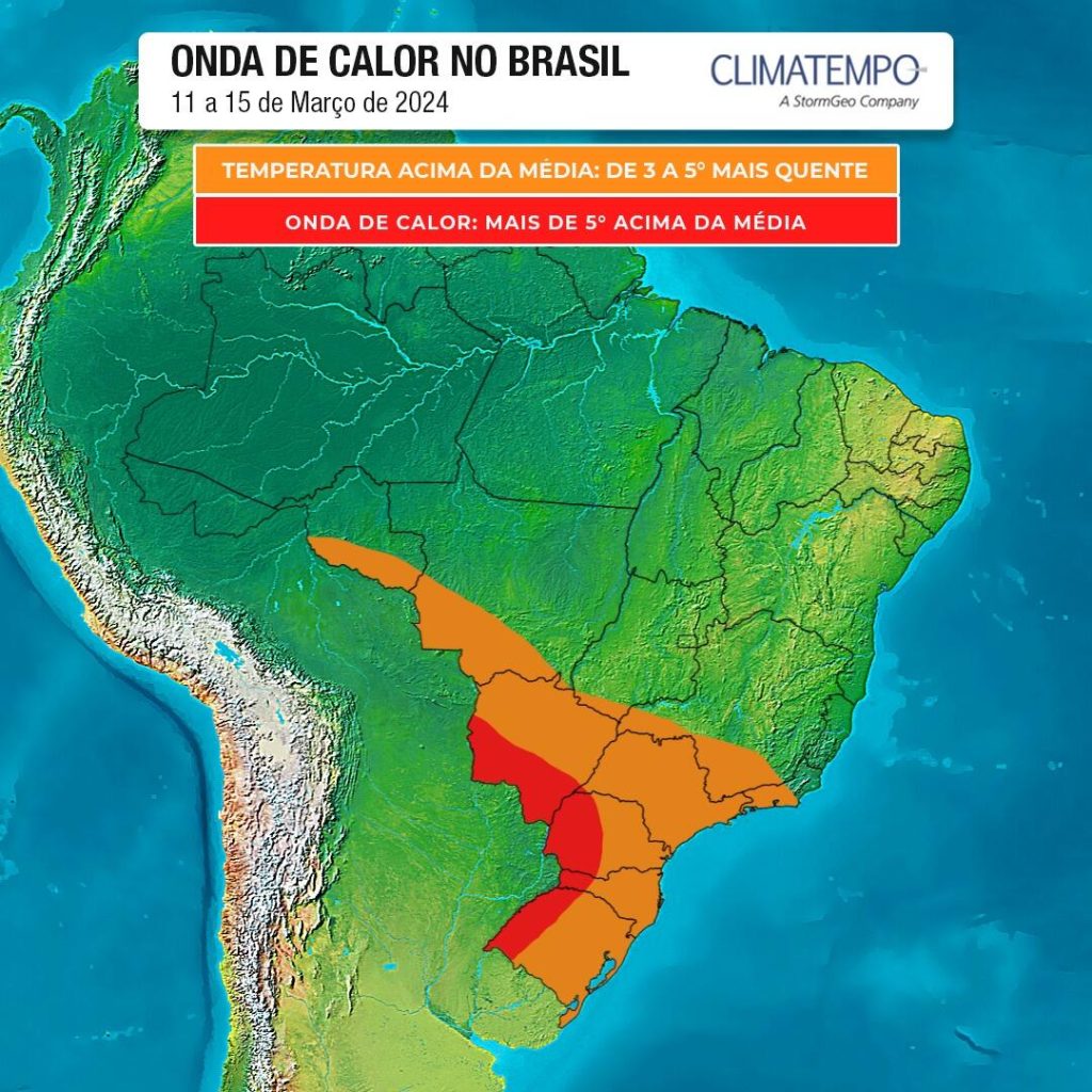 Mapa mostra que áreas atingidas serão centro-oeste, sul e sudeste do país