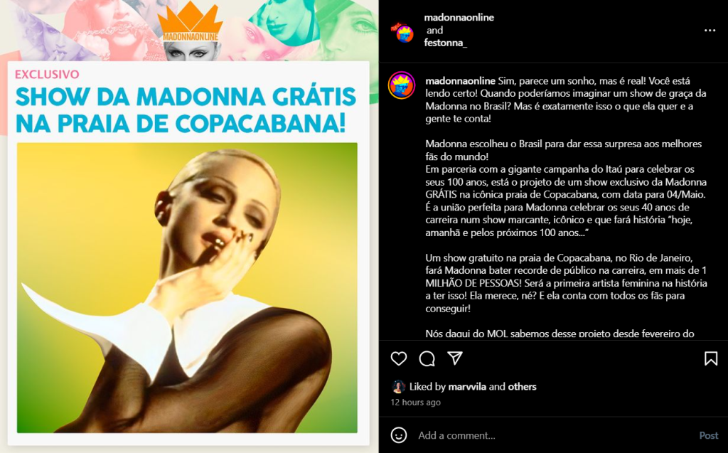 Anúncio na página Madonna Online tem aumentado os rumores de Madonna no Brasil 