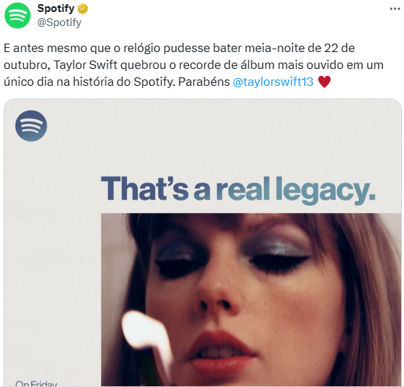 Publicação do Spotify parabenizando a cantora