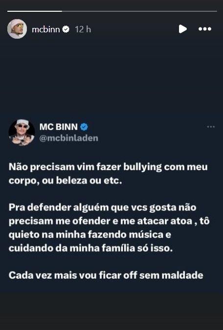 MC Binn desabafa nas redes