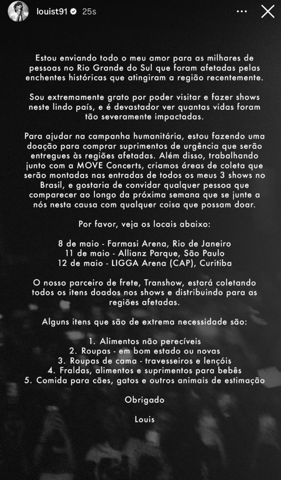 Nota compartilhada pelo cantor Louis Tomlinson nos storys