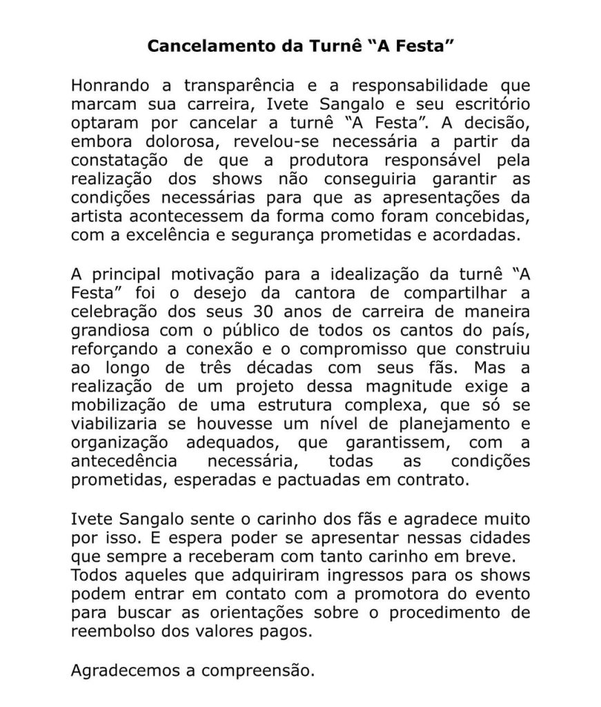 Ludmilla e Ivete Sangalo cancelam suas respectivas turnês em parceria com a produtora 30e