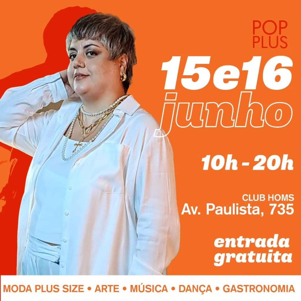 Flávia Duarte em poster para a divulgação do POP Plus. Fundo laranja.