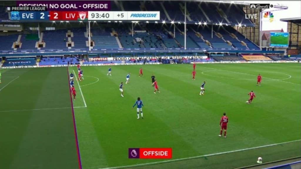 Linha de impedimento do VAR durante Everton x Liverpool 