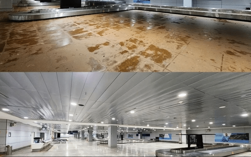 saguão do aeroporto slagado filho antes e após as enchentes