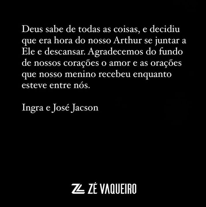 Nota sobre o falecimento de Arthur, filho de Zé Vaqueiro.