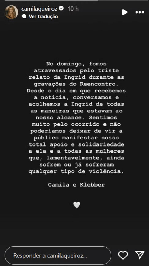 Camila Queiroz se manifesta sobre caso de estupro sofrido por participante do 'Casamento às cegas'.