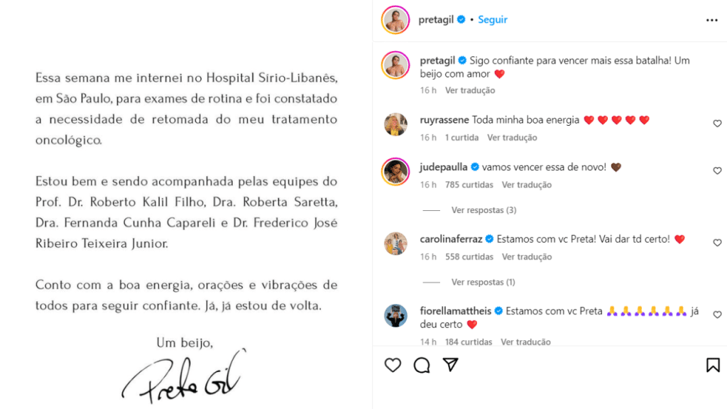 Famosos se solidarizam com Preta Gil após seu anúncio nas redes sociais  — (Foto: Reprodução/Instagram/@pretagil)

