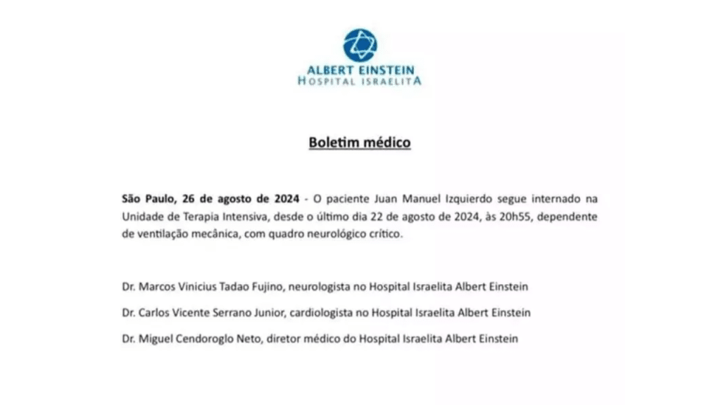 Boletim médico divulgado à imprensa sobre o estado de saúde de Juan.